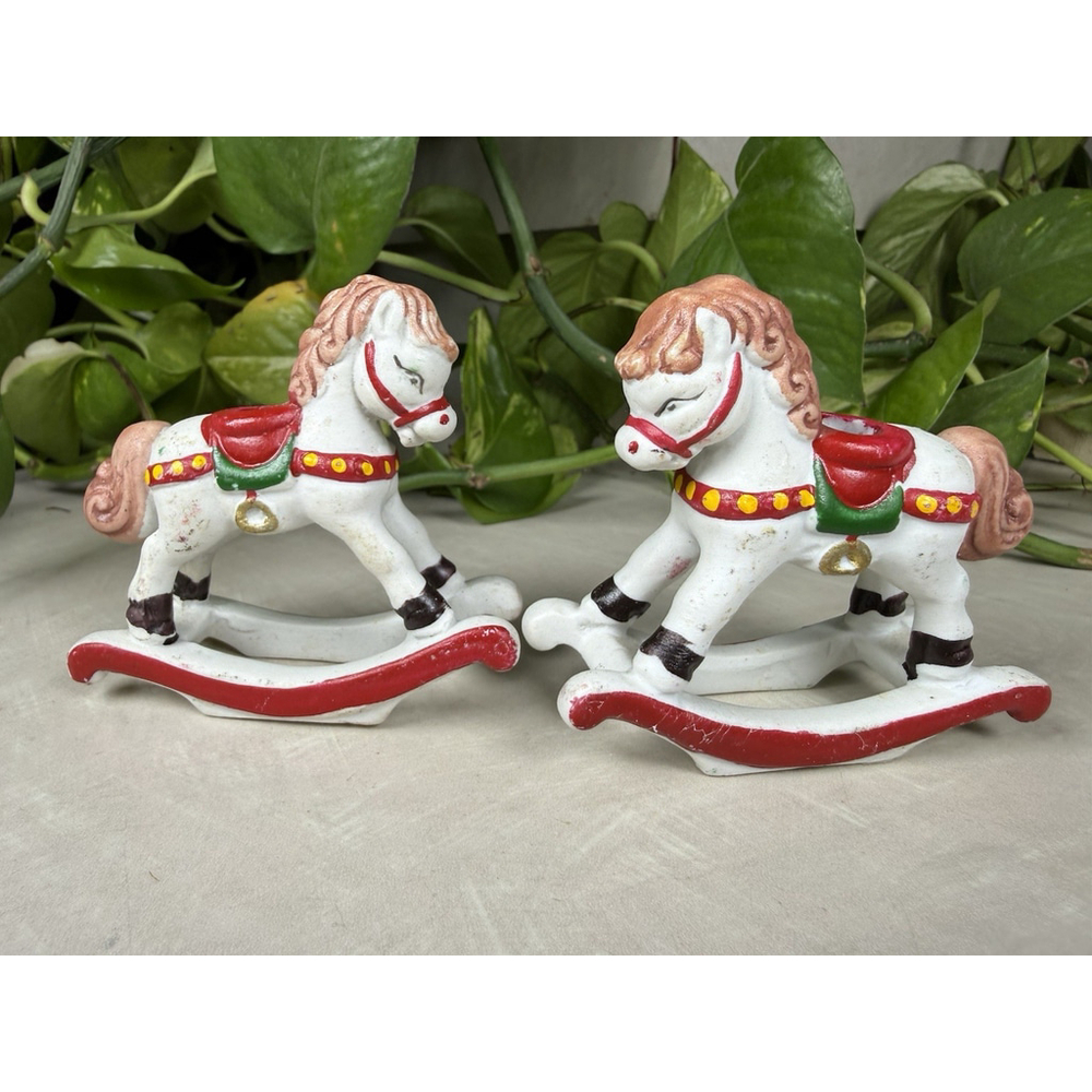 Vintage Ceramic Rocking Horse Christmas Holiday Set of 2